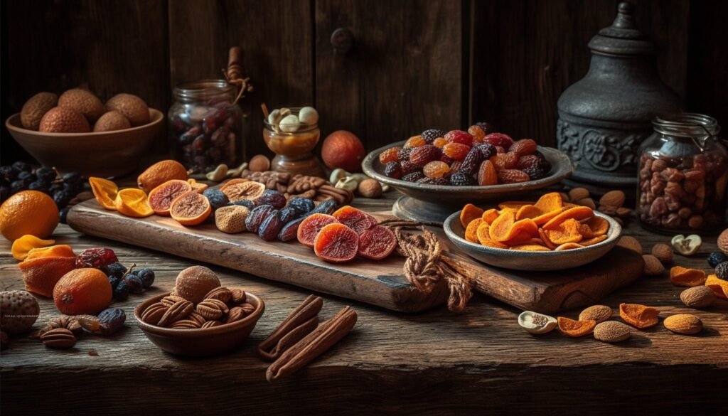 Rustic wooden table topped with healthy gourmet fruit generated by artificial intelligence