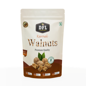 Front view of a 1kg pack of premium walnut kernels