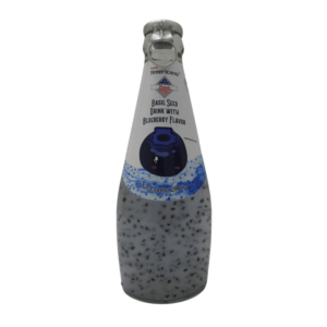 A bottle of Americano Basil Seed With Blueberry Flavour, featuring vibrant packaging with basil seeds and blueberries illustrations.