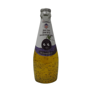 A bottle of Americano Basil Seed With Passion Fruit Flavour, featuring vibrant packaging with basil seed and passion fruit illustrations.