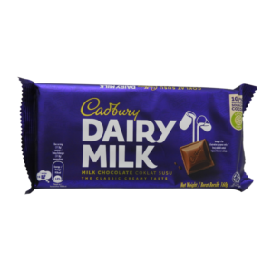 A bar of Cadbury Dairy Milk chocolate Coklat Susu featuring the Cadbury logo and creamy milk pouring onto the chocolate bar.