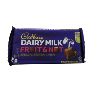 A bar of Cadbury Dairy Milk Fruit & Nut chocolate studded with raisins and almonds on the front.