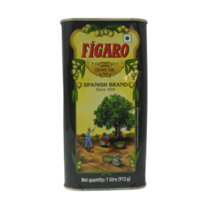 A bottle of Figaro Olive Oil, showcasing the brand logo and premium olive oil packaging.