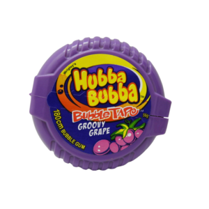 A pack of Hubba Bubba Bubble Tape Groovy Grape bubble gum, featuring vibrant packaging with grape illustrations.