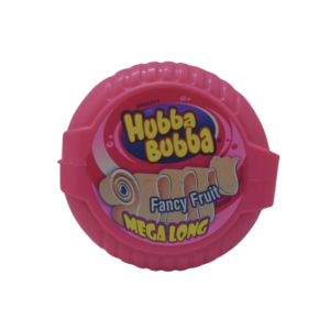 A pack of Hubba Bubba Fancy Fruit bubble gum, featuring colorful packaging with fruit illustrations.