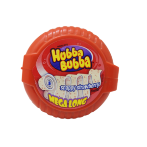 A pack of Hubba Bubba Snappy Strawberry bubble gum, featuring vibrant packaging with strawberry illustrations.