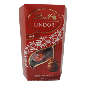 A box of Lindt Lindor Milk Truffles, featuring elegant packaging with the Lindt logo and milk truffles.