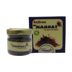 A box of Mannat Saffron, featuring the brand logo and vibrant saffron-themed packaging.