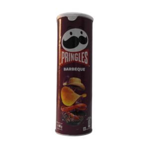 A canister of Pringles Barbecue crisps, featuring the Pringles logo and vibrant barbecue-themed packaging.