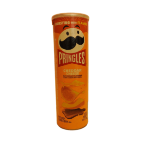 A canister of Pringles Cheddar Cheese crisps, featuring the Pringles logo and vibrant cheddar cheese-themed packaging.