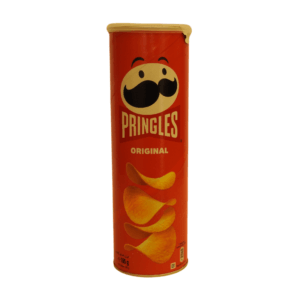 A canister of Pringles Original crisps, featuring the iconic Pringles logo and vibrant packaging.