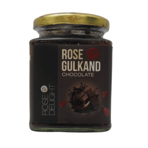 A box of Rose Gulkand Chocolate, showcasing the product label and luxurious chocolates inside.