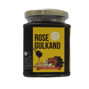 A jar of Rose Gulkand Dry Fruits, featuring the product label and assortment of dried fruits inside.