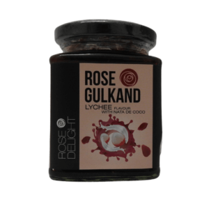 A jar of Rose Gulkand Lychee & Nata De Coco, showcasing the product label and vibrant contents inside.