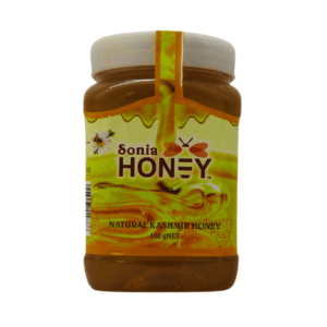 Front view of Sonia Honey 500g jar, showcasing its brand logo and natural, pure honey content in a conveniently sized package.